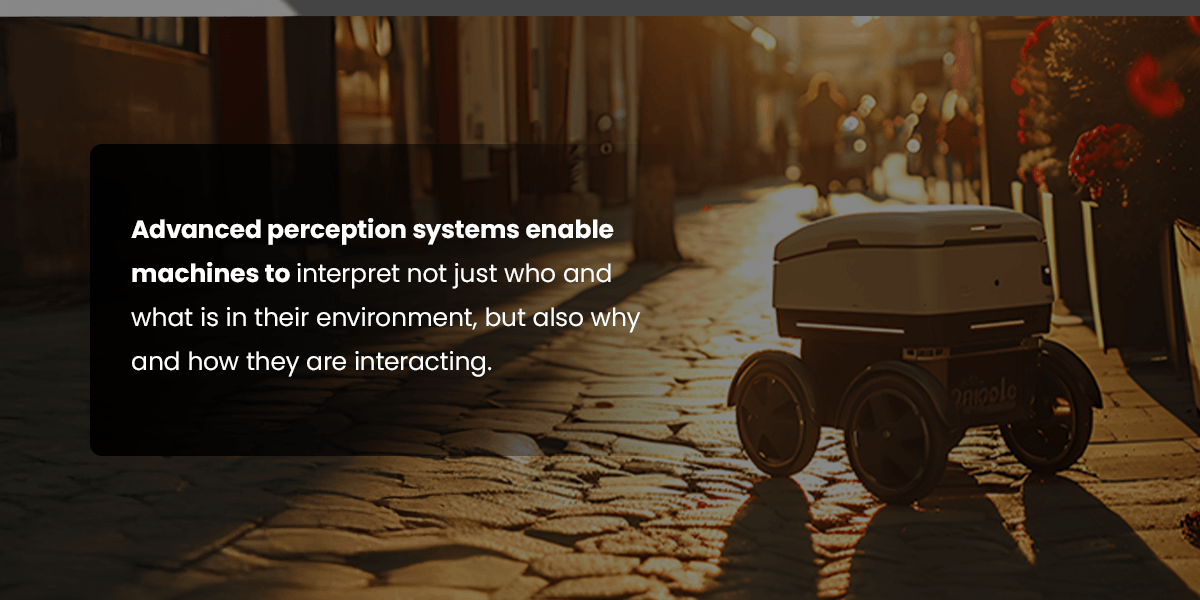 Layered perception system architecture showing sensing, perception, interpretation, and interaction stages for human-machine interaction