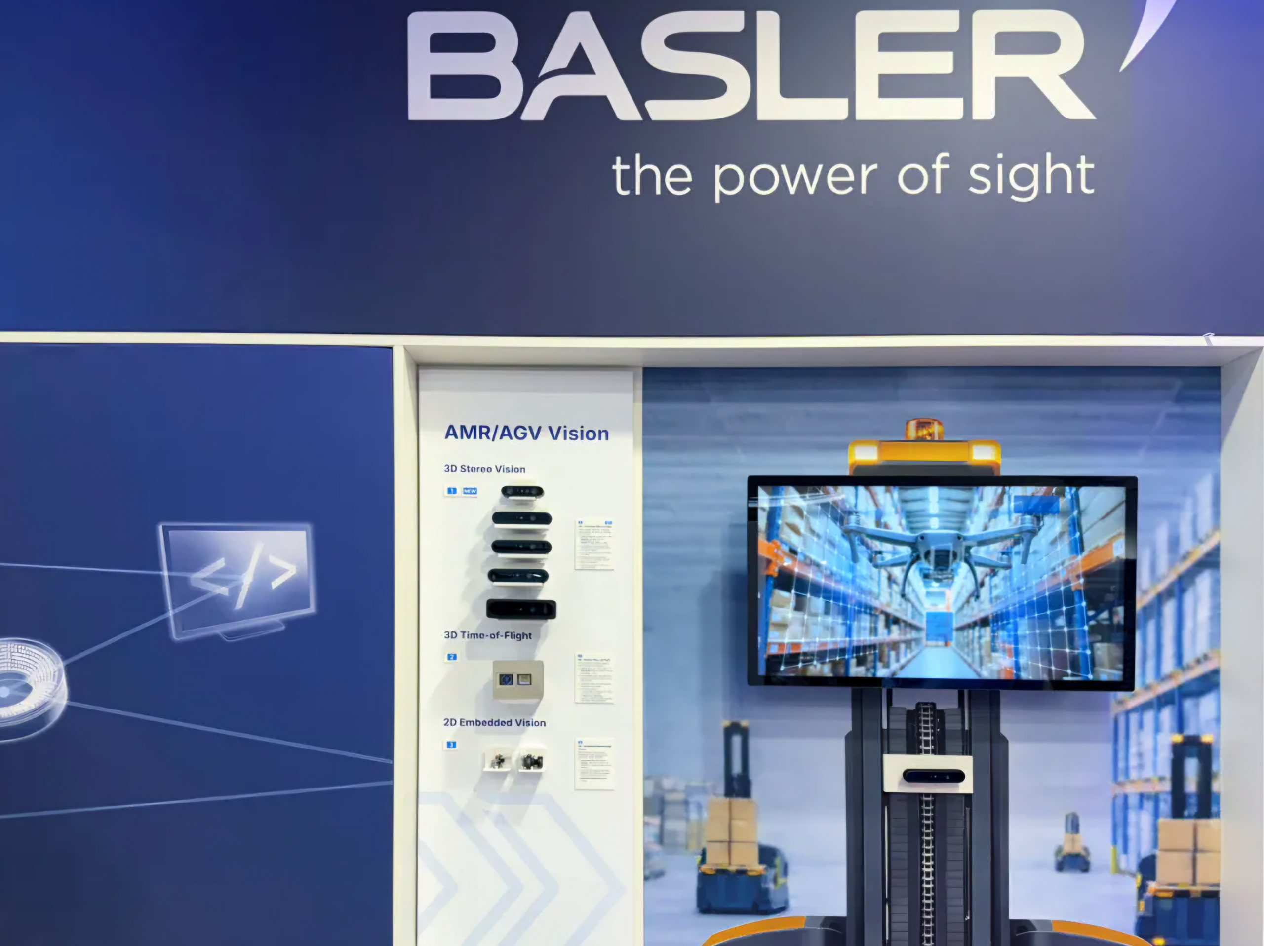 Basler AMR/AGV Vision display featuring the Stereo Mini 3D stereo vision and Time-of-Flight camera product line at LogiMAT 2026