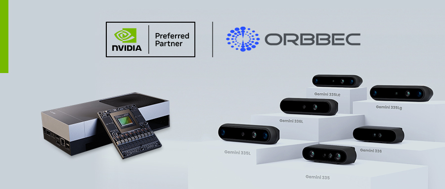 Orbbec NVIDIA Preferred Partner banner showing NVIDIA Jetson computing platform alongside Gemini 330 Series stereo vision cameras including Gemini 335, 335L, 335Le, 335Lg, and 336L