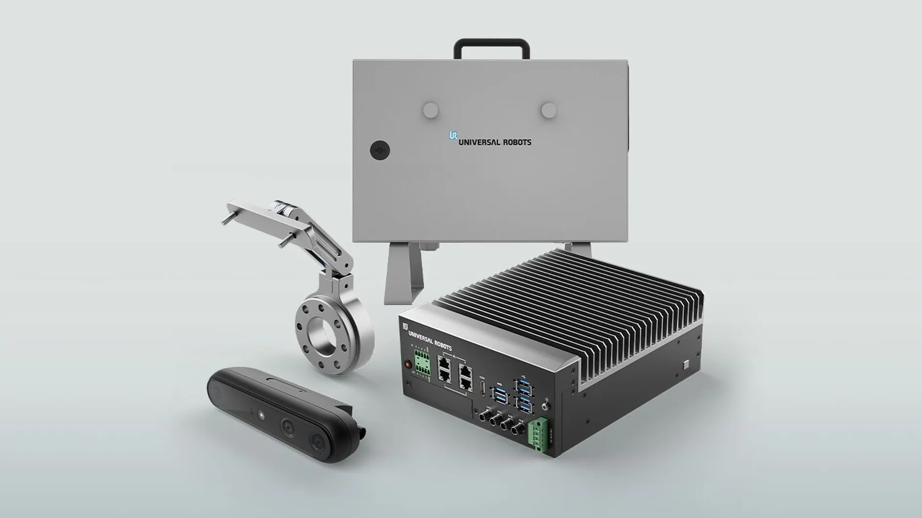 Universal Robots AI Accelerator platform featuring UR cobot arm, NVIDIA computing unit, and Orbbec stereo vision camera for vision-guided automation