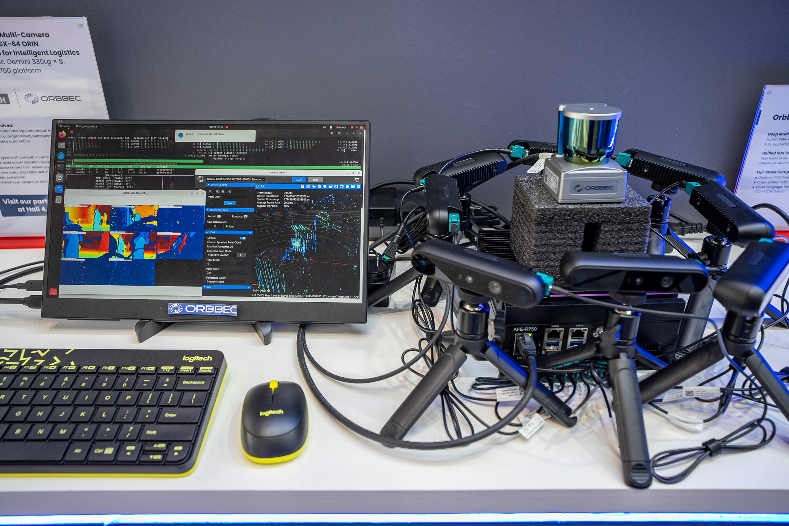 Orbbec multi-camera system with eight Gemini 335Lg cameras synchronized via GMSL2 on Advantech AFE-R750 platform with LiDAR sensor displayed at LogiMAT 2026